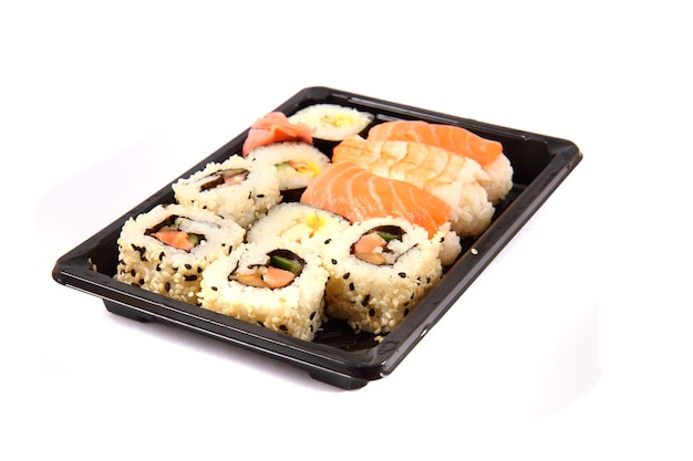 high angle view of sushi against white background