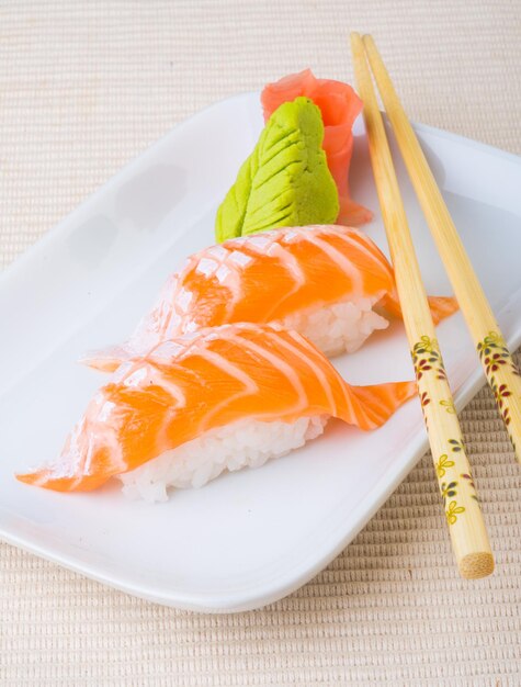 High angle view of sushi in plate on table