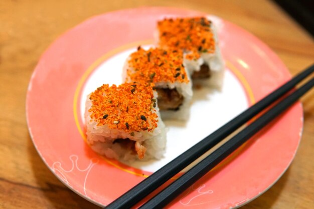 High angle view of sushi in plate on table