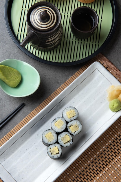 High angle view of sushi served on table