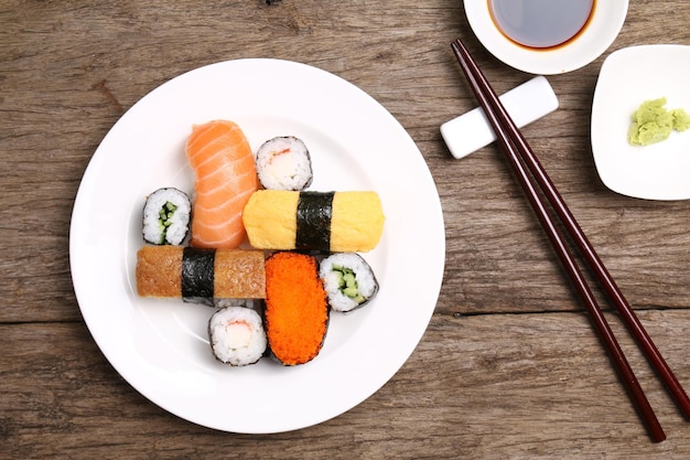 Photo high angle view of sushi served on table