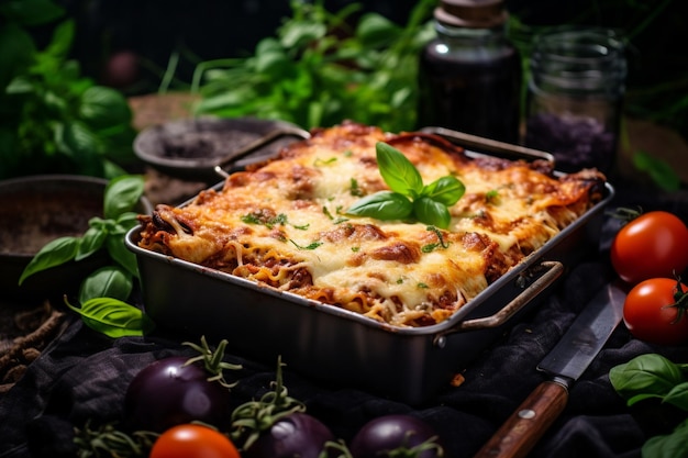 Foto vista ad alto angolo della tovaglia ingrediente fresco e lasagna deliziosa