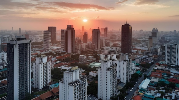 High angle view of tall buildings condominium in bangkok city at sunrise skyline top view downtown