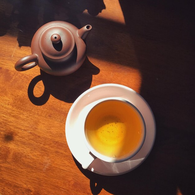 High angle view of tea cup on table