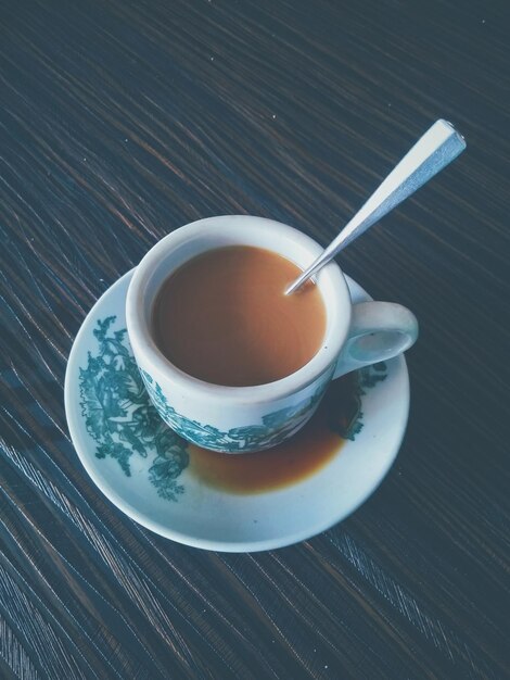 High angle view of tea cup on table