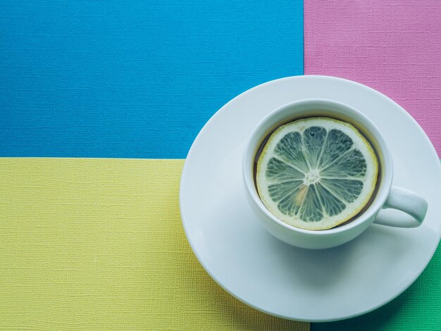 High angle view of tea cup on table