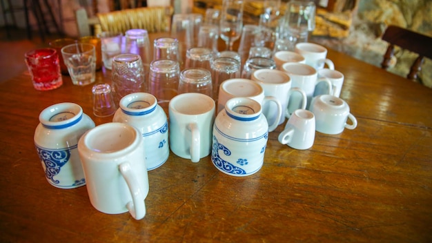 High angle view of tea cups on table