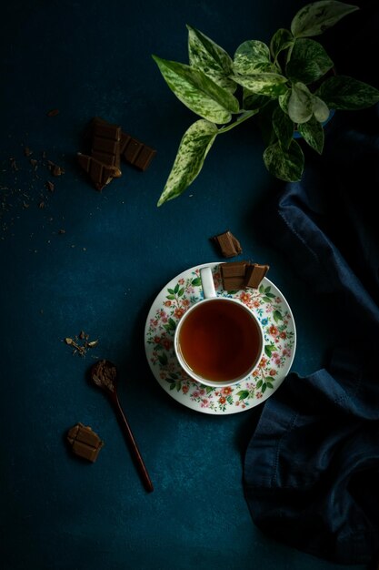 High angle view of tea served on table