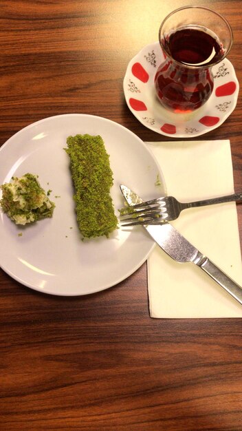 High angle view of tea served on table