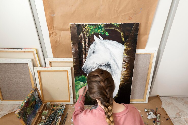 Photo high angle view of teenage girl painting horse on canvas at home
