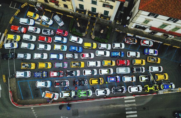 High angle view of text on street in city