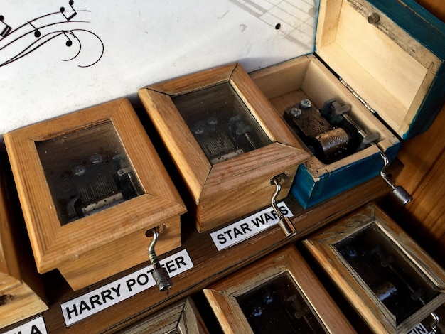 Photo high angle view of text on wooden containers