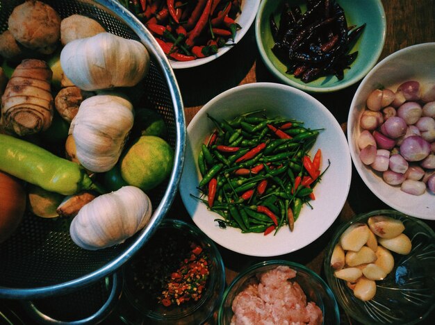 Photo high angle view of thai spices and herb in bowl on table