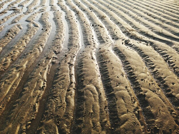 Photo high angle view of tire tracks on sand