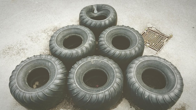 High angle view of tires on footpath