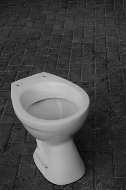 High angle view of toilet seat on paving stone