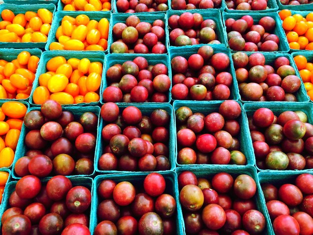 High angle view of tomatoes in containers for sale at farmers market