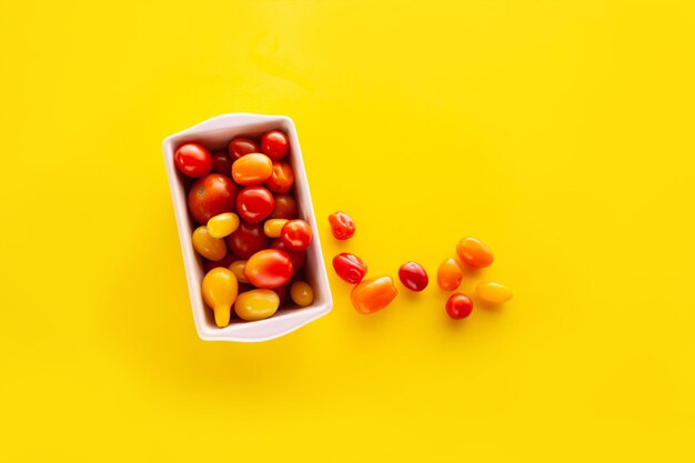 High angle view of tomatoes on yellow background