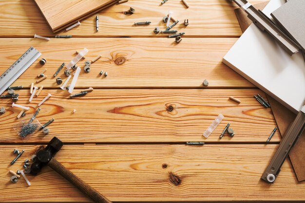 Photo high angle view of tools on wooden table