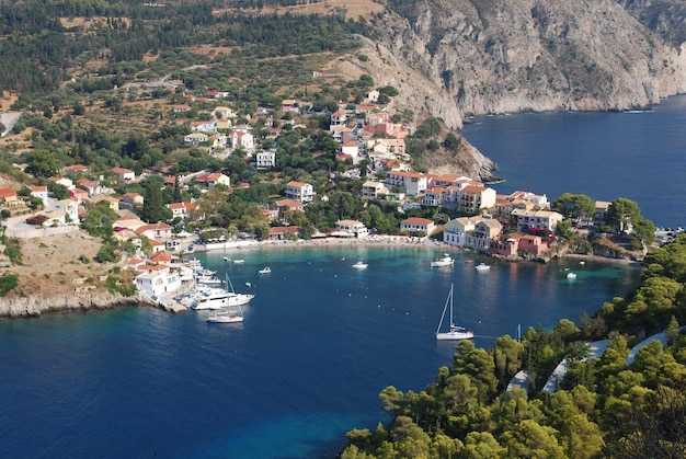 high angle view of town by sea