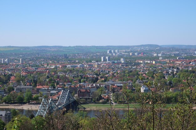 High angle view of townscape against clear sky