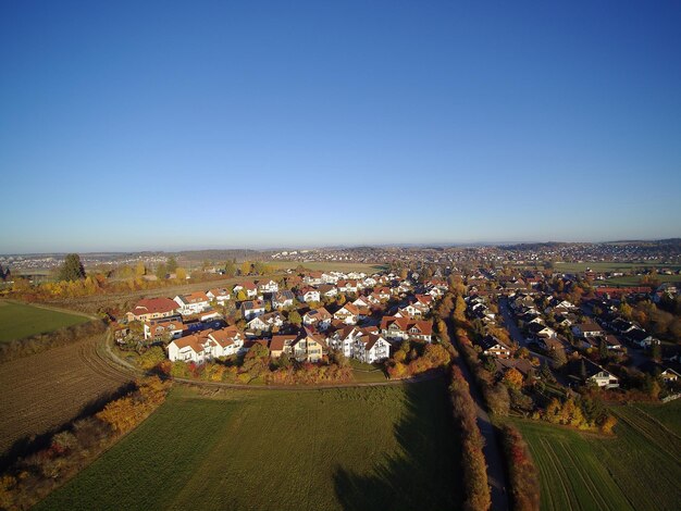 High angle view of townscape against clear sky