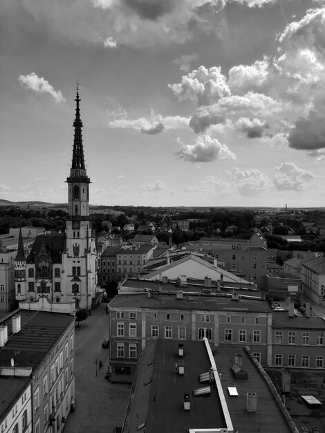 High angle view of townscape against sky in city