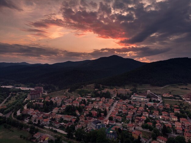 High angle view of townscape against sky during sunset