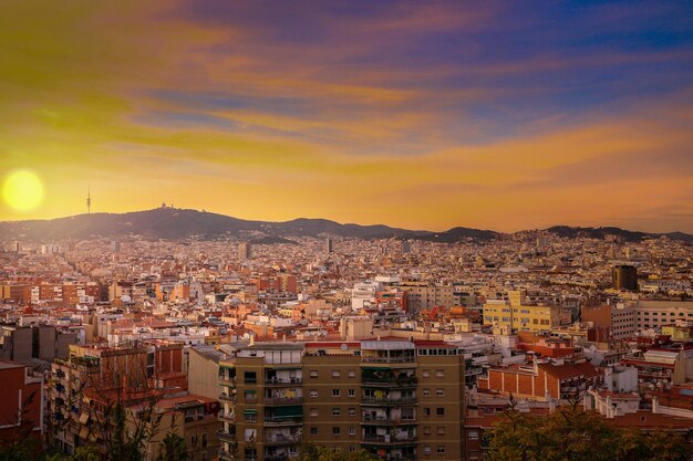 High angle view of townscape against sky during sunset