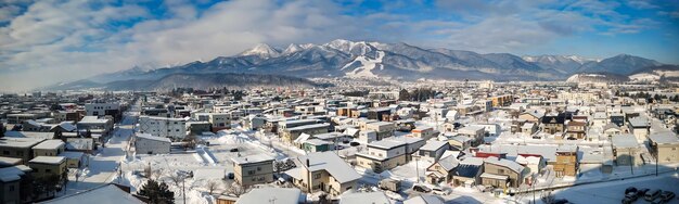 High angle view of townscape against sky during winter