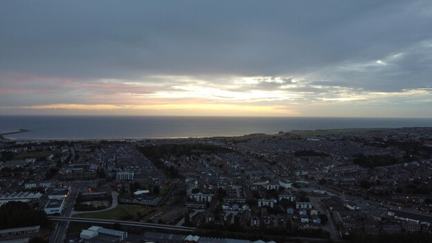 High angle view of townscape against sky at sunset