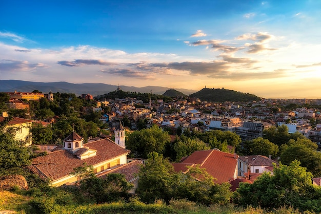 High angle view of townscape against sky at sunset
