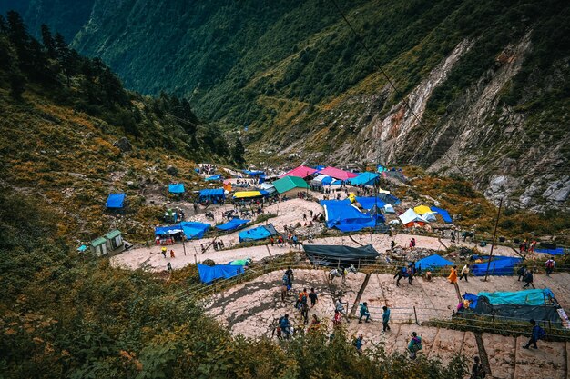 High angle view of townscape by mountain