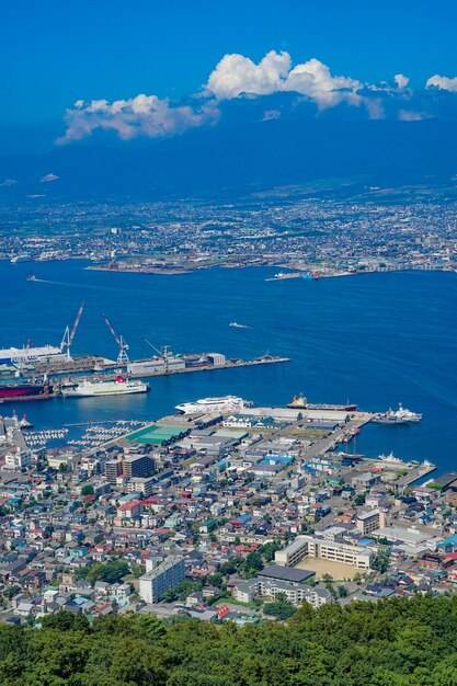 High angle view of townscape by sea against sky