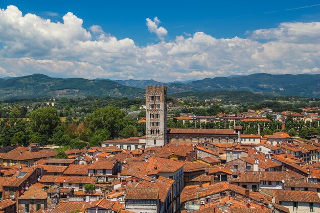 High angle view of townscape and mountains against sky