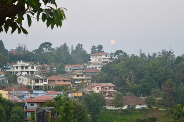 High angle view of townscape and trees against sky