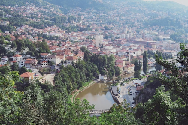 High angle view of townscape and trees in city