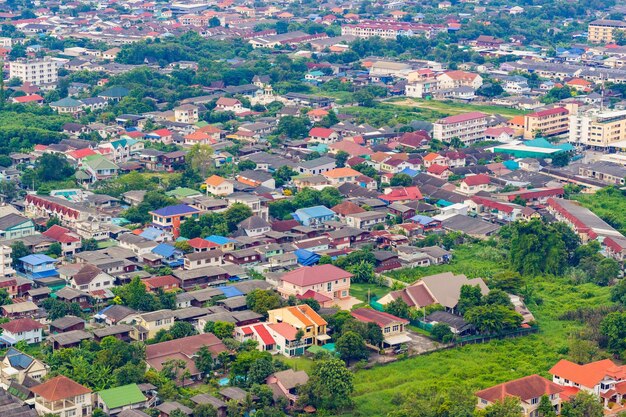 High angle view of townscape and trees in city