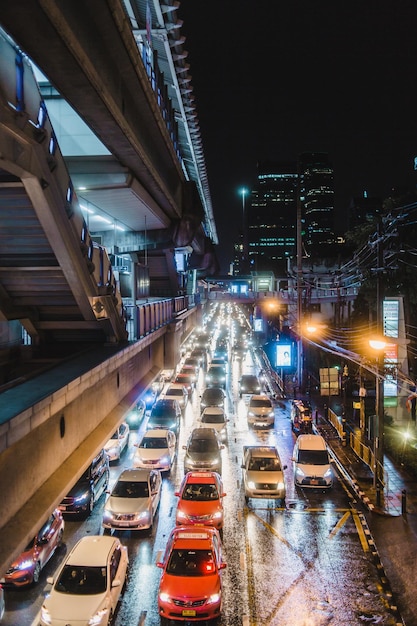 High angle view of traffic on city street at night