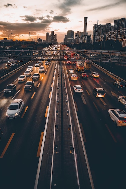 High angle view of traffic on highway during sunset