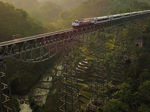 Foto vista ad alto angolo del treno sul ponte