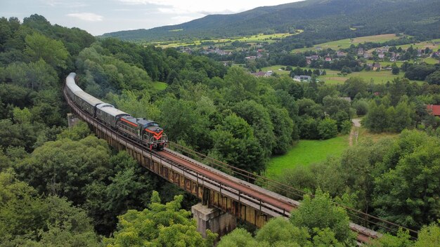 Foto vista ad alto angolo del treno sulla montagna