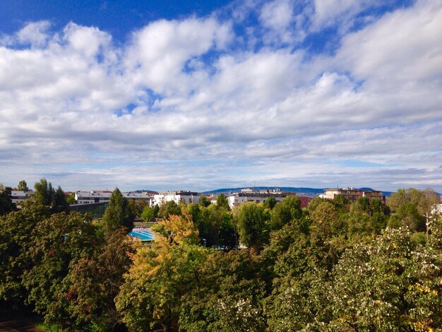 High angle view of trees against cloudy sky