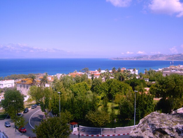 High angle view of trees and buildings by sea against sky