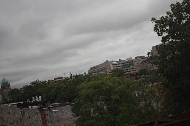 High angle view of trees and cityscape against cloudy sky