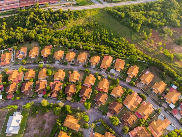 Foto vista ad alto angolo di alberi e case nel campo