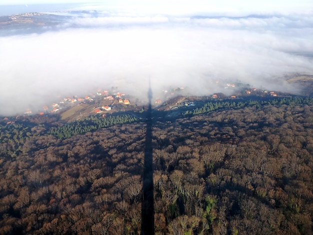 High angle view of trees on landscape against sky