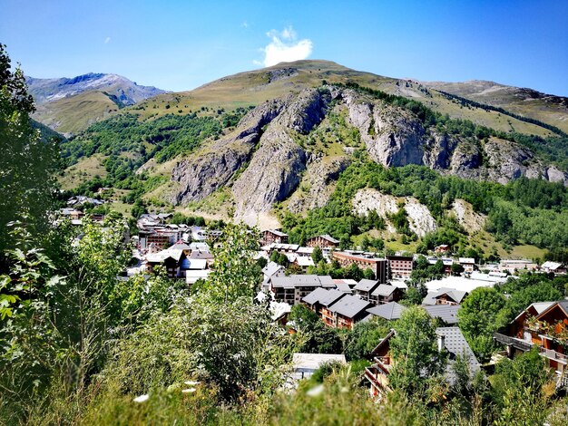 High angle view of trees and mountains against sky