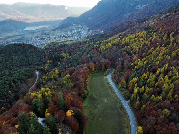 High angle view of trees and mountains