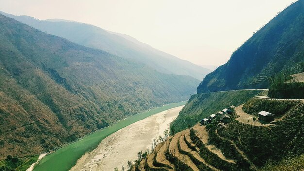 High angle view of valley against sky